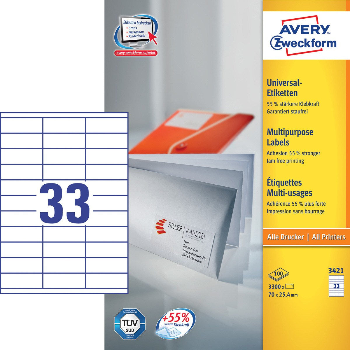 Avery Etikettenbogen, 70 mm × 25 mm, weiss, Papier, permanent, 100 Blatt (3'300 Etiketten)