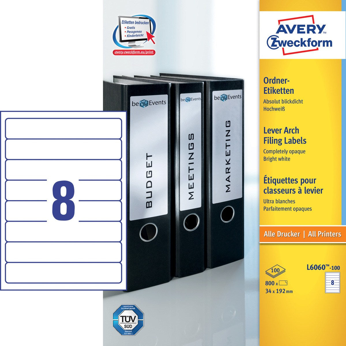 Avery Druckeretiketten, 32 mm × 192 mm, weiss, Papier, selbstklebend, 100 Blätter (800 Etiketten)