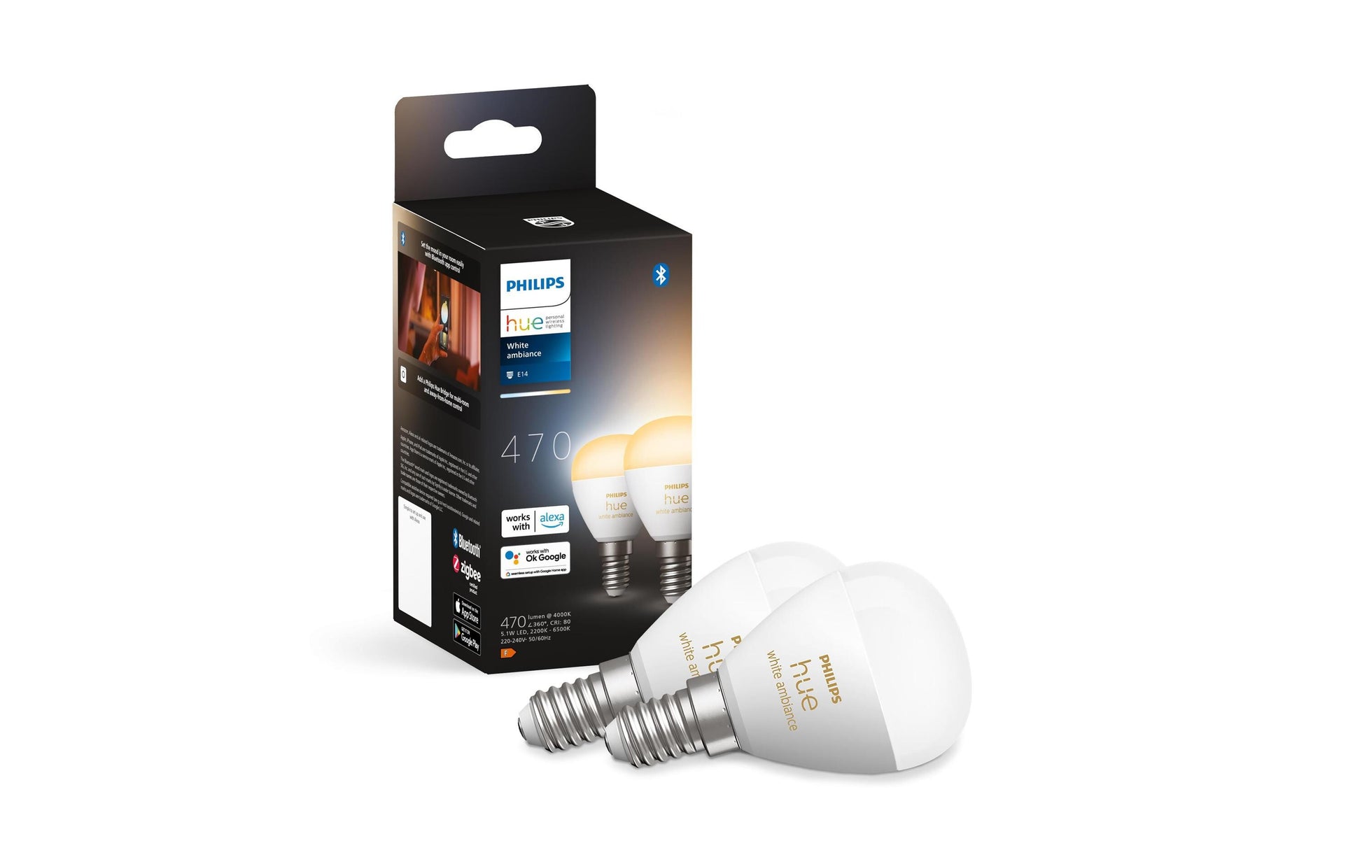 Philips by Signify Philips Hue Smart-Leuchtmittel E14 White Ambiance – 470 lm, 2200–6500 K, App-Steuerung, dimmbar – 2er-Pack
