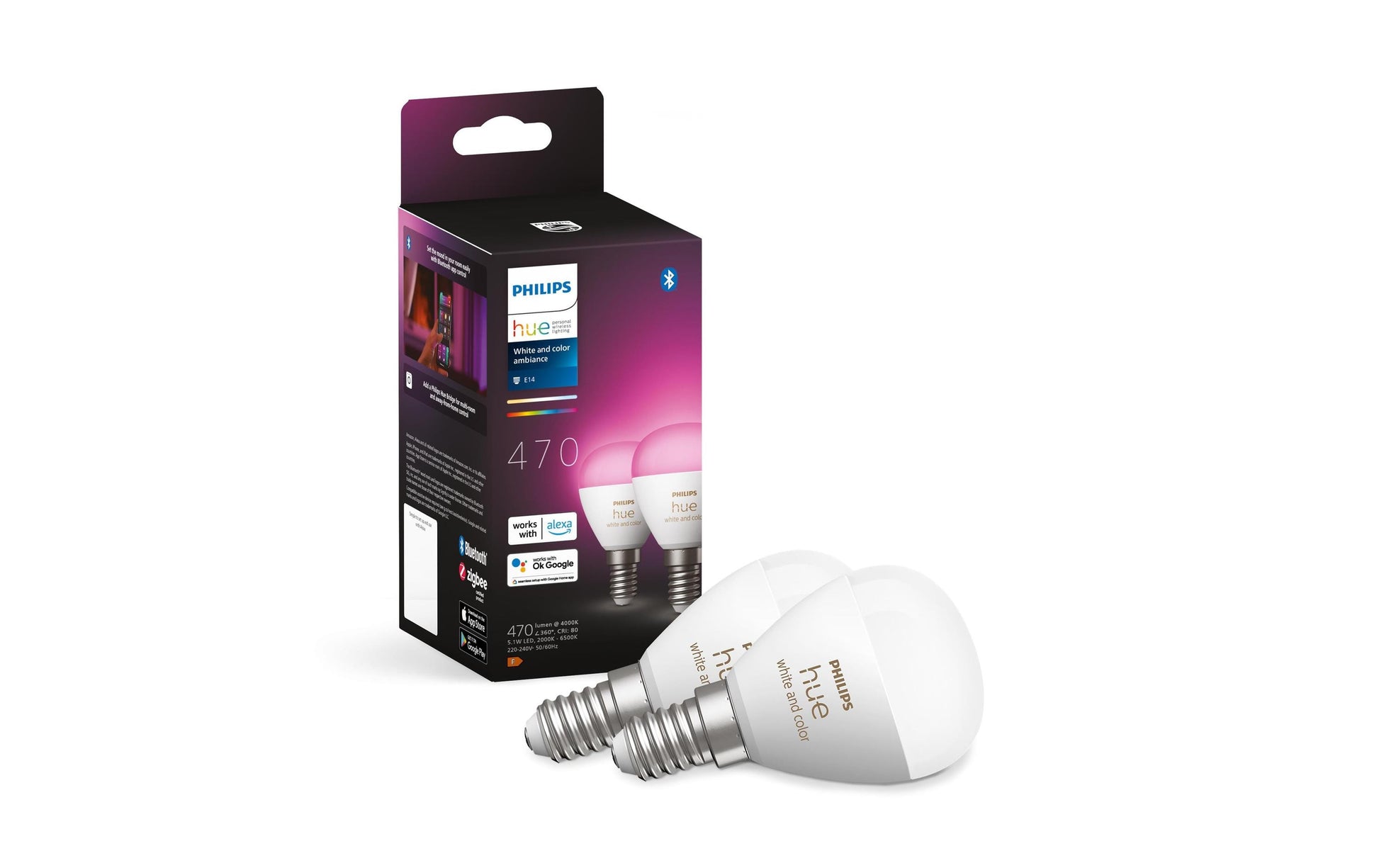 Philips by Signify Philips Hue Smart-Leuchtmittel E14 – RGBW, 470 lm, Bluetooth/Zigbee – für Hue Bridge, Alexa, HomeKit – 2 Stk.