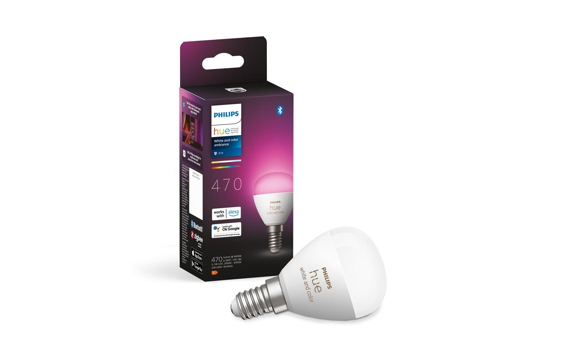 Philips by Signify Philips Hue Smart-Leuchtmittel E14 – RGBW, 2000–6500 K, 470 lm, 5,1 W, Bluetooth/Zigbee – für Hue Bridge