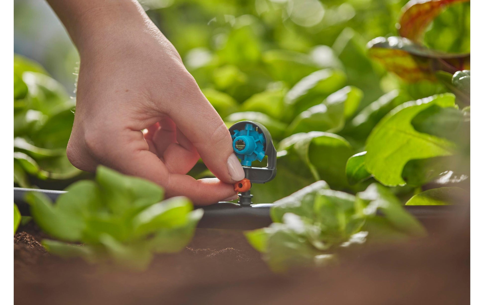 Gardena 6-in-1 Sprühdüse – 34 mm, Kunststoff, Grau/Türkis/Orange, Endzeilenmontage, für Micro-Drip-System