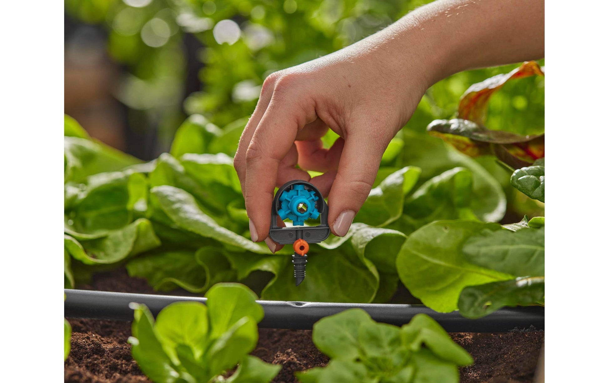 Gardena 6-in-1 Sprühdüse – 34 mm, Kunststoff, Grau/Türkis/Orange, Endzeilenmontage, für Micro-Drip-System
