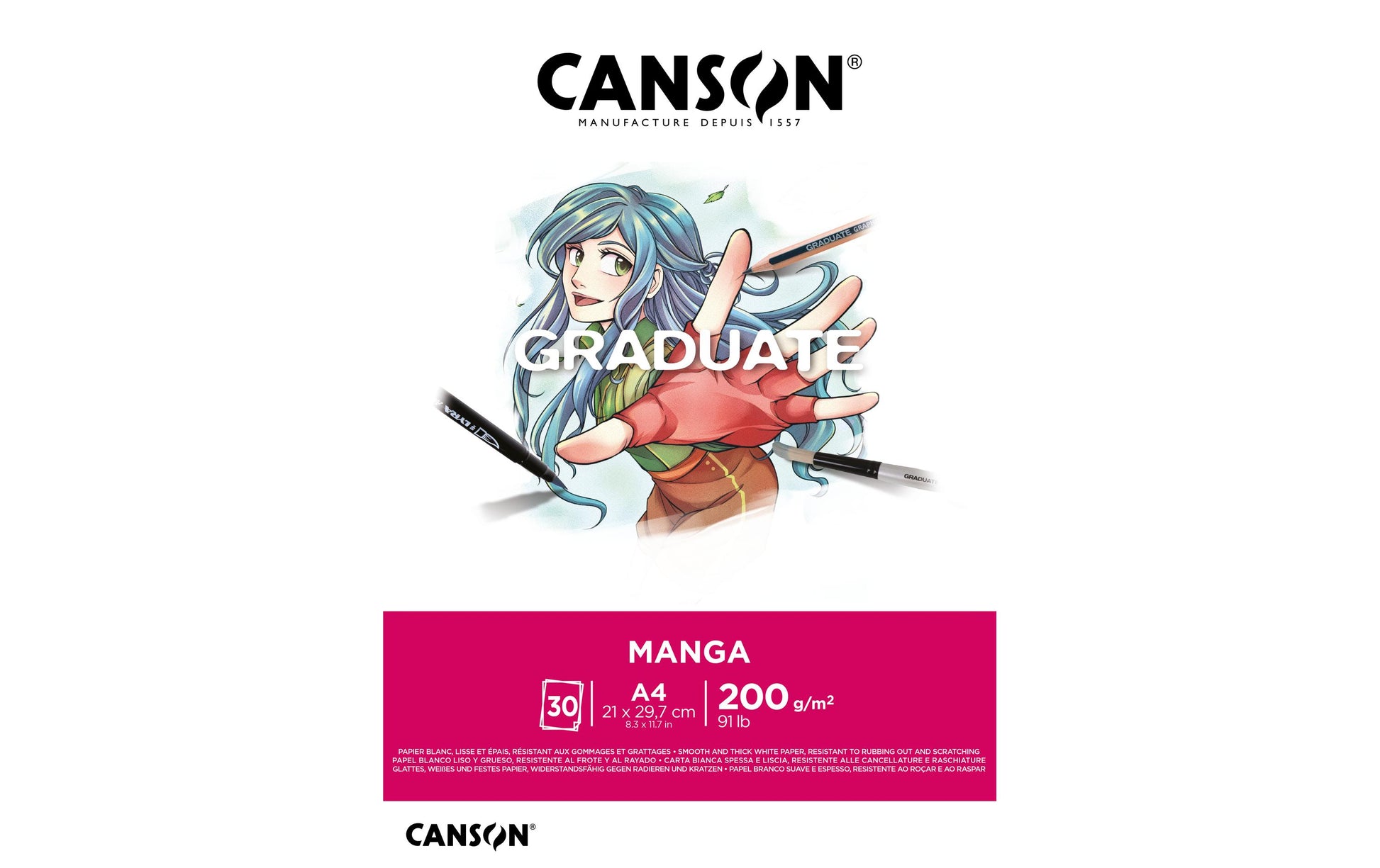 Canson Graduate Manga Skizzenblock – A4 – 200 g/m² – kurzseitig geleimt – 30 Blatt, weiss, weich