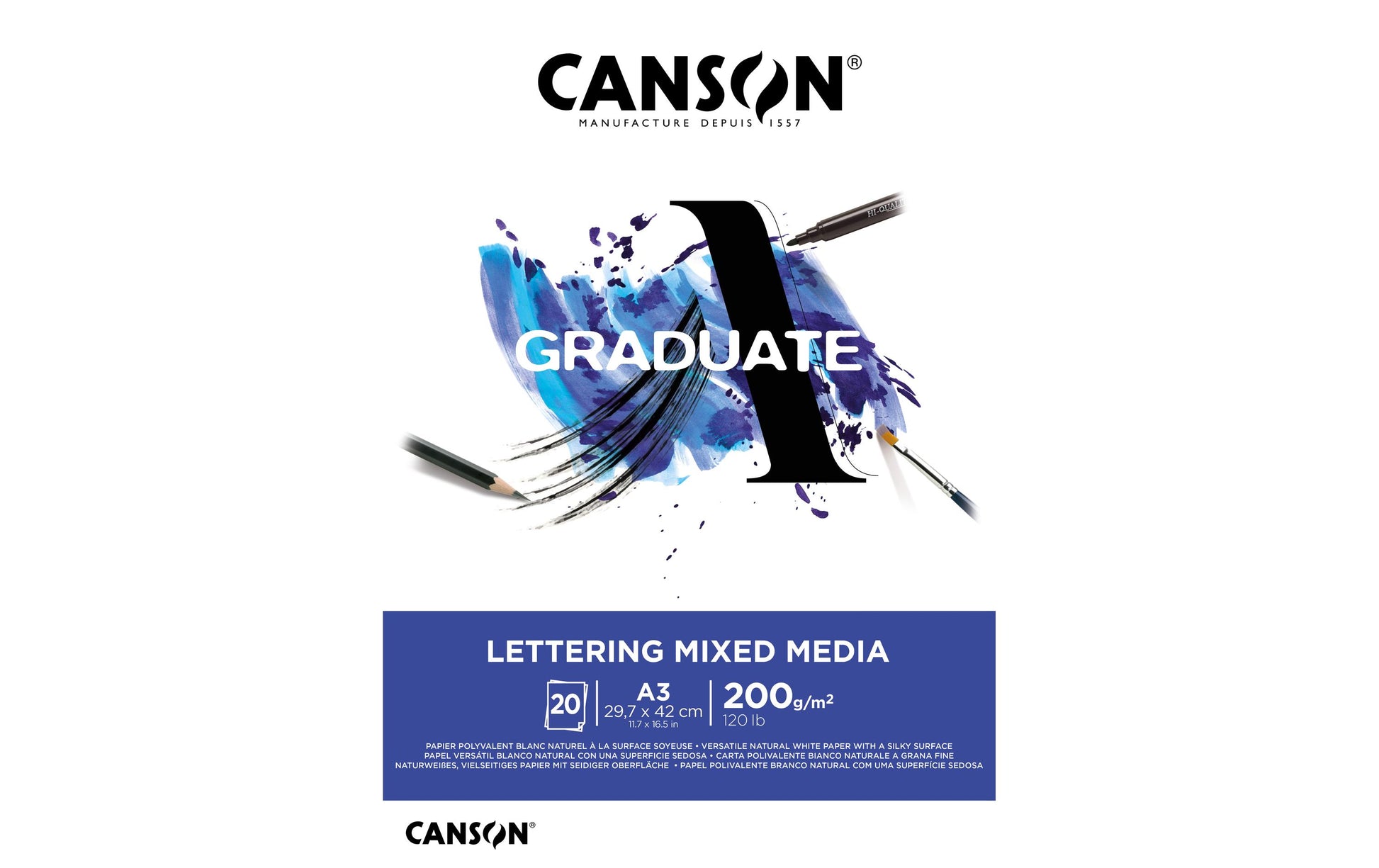 Canson Mixed-Media-Block – A3, 200 g/m², weiss, strukturiert, geleimt, 20 Blatt – FSC, für Mixed Media