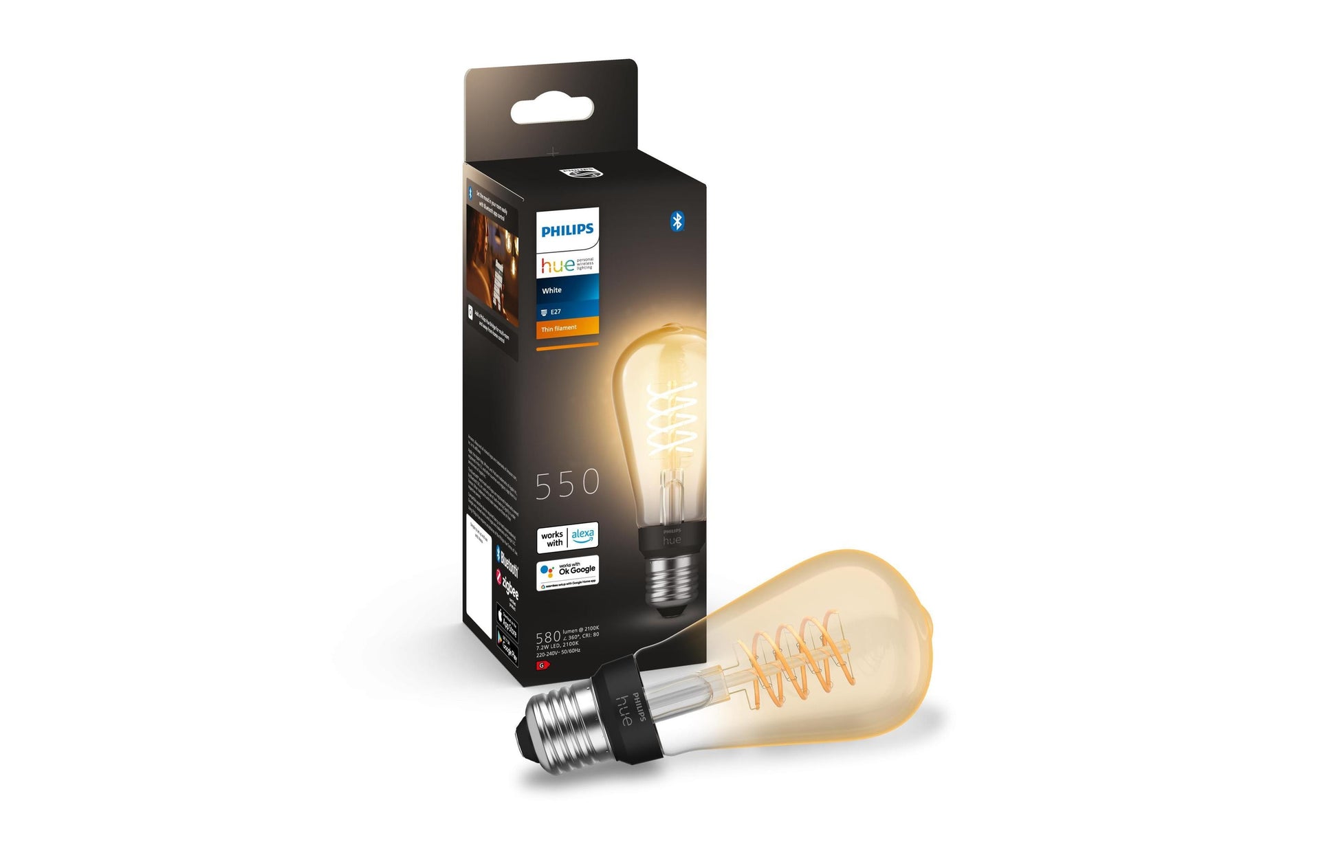 Philips by Signify Philips Hue Smart-Leuchtmittel Weiss ST64 E27 – 550 lm, 7 W, 2100 K, dimmbar, Bluetooth, für Alexa/HomeKit