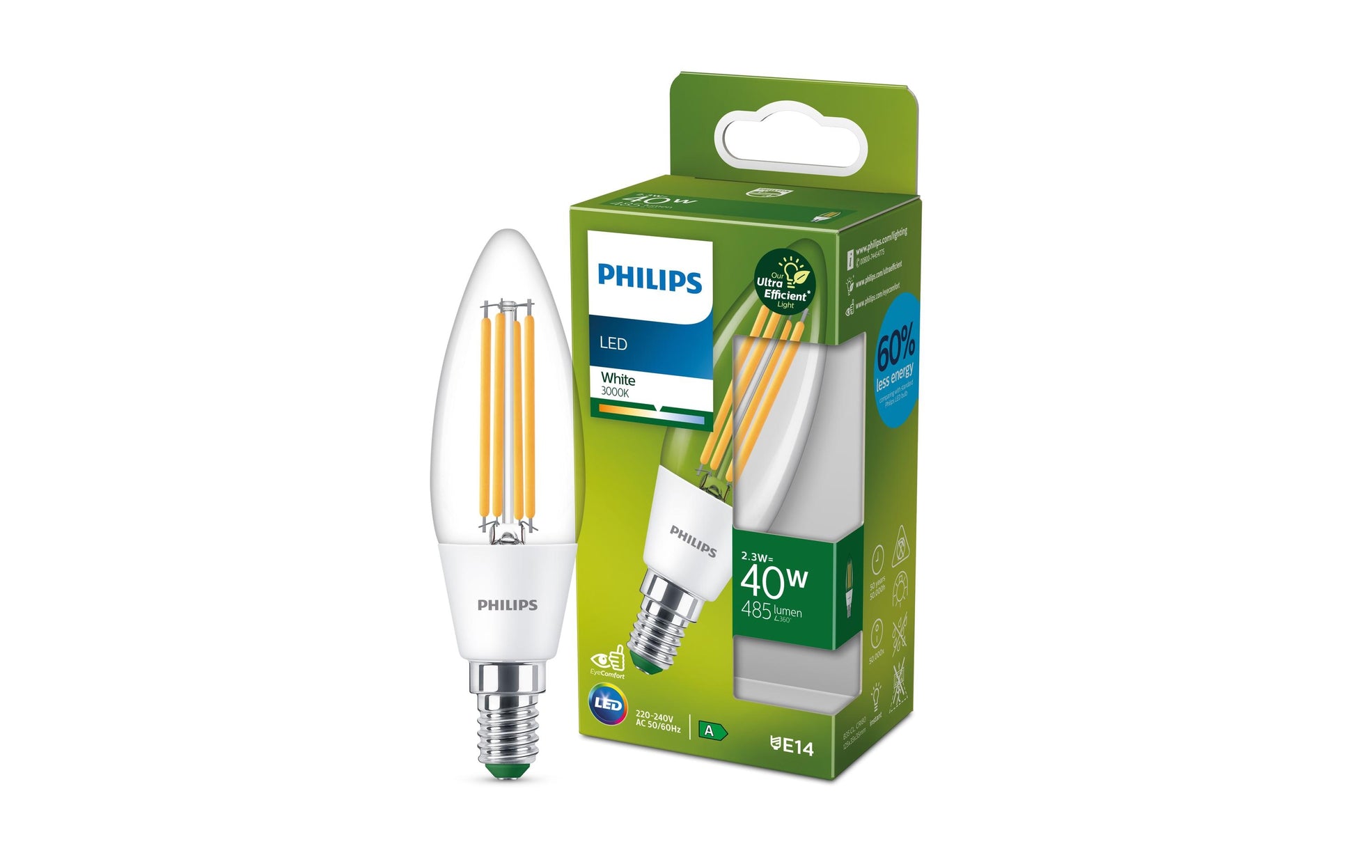 Philips by Signify Philips LED-Leuchtmittel E14 Kerze – Warmweiss 3000 K, 485 lm, 2,3 W – Klar – 1 Stk.