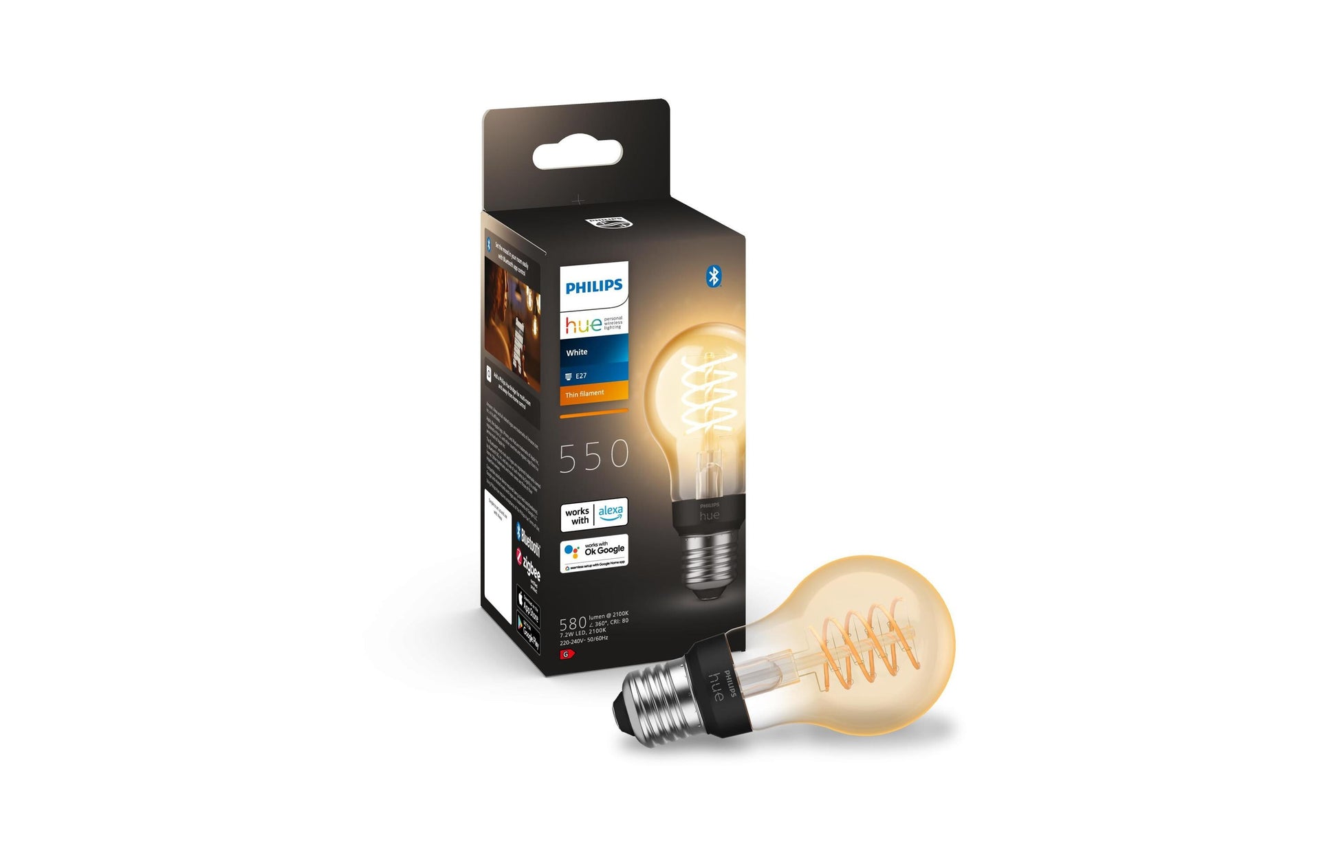 Philips by Signify Philips Hue Smart-Leuchtmittel Weiss – E27, 550 lm, 7,2 W, 2100 K, dimmbar, Bluetooth, für Alexa/HomeKit, weiss