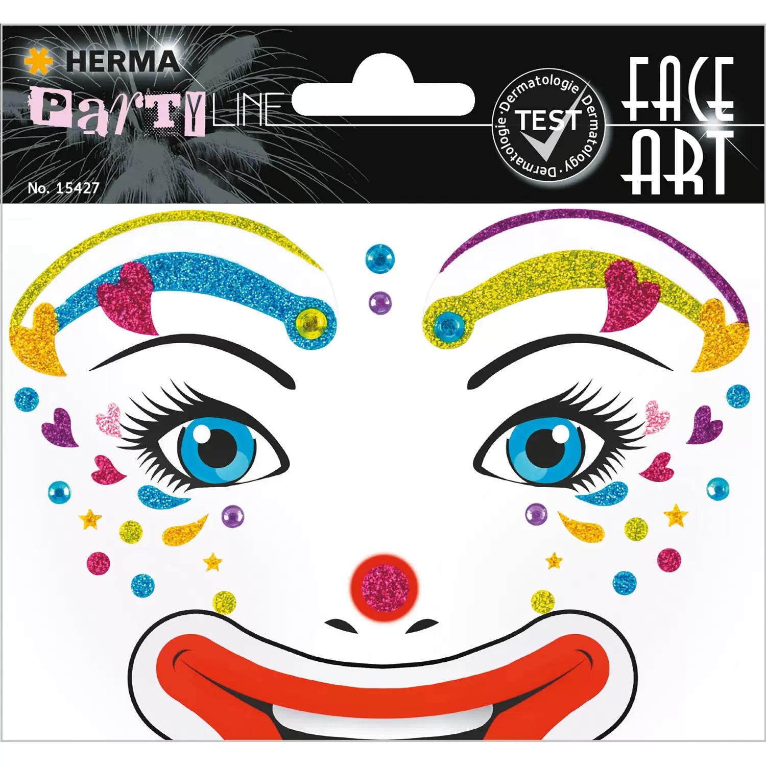HERMA Face-Art-Sticker aus Glitterfolie, Motiv Clown Lotta, 127 × 91 mm, 33 Stück, wiederablösbar