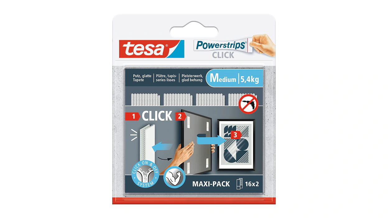 TESA Powerstrips CLICK Medium Klettband – 120 mm × 0,14 m, weiss, wiederablösbar, 32 Stück