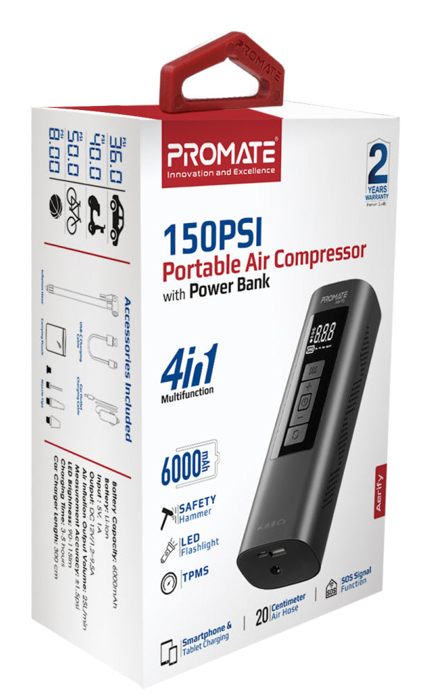 Promate Aerify Akku-Luftkompressor – 12 V – 6 Ah Akku – 10,3 bar – 25 l/min