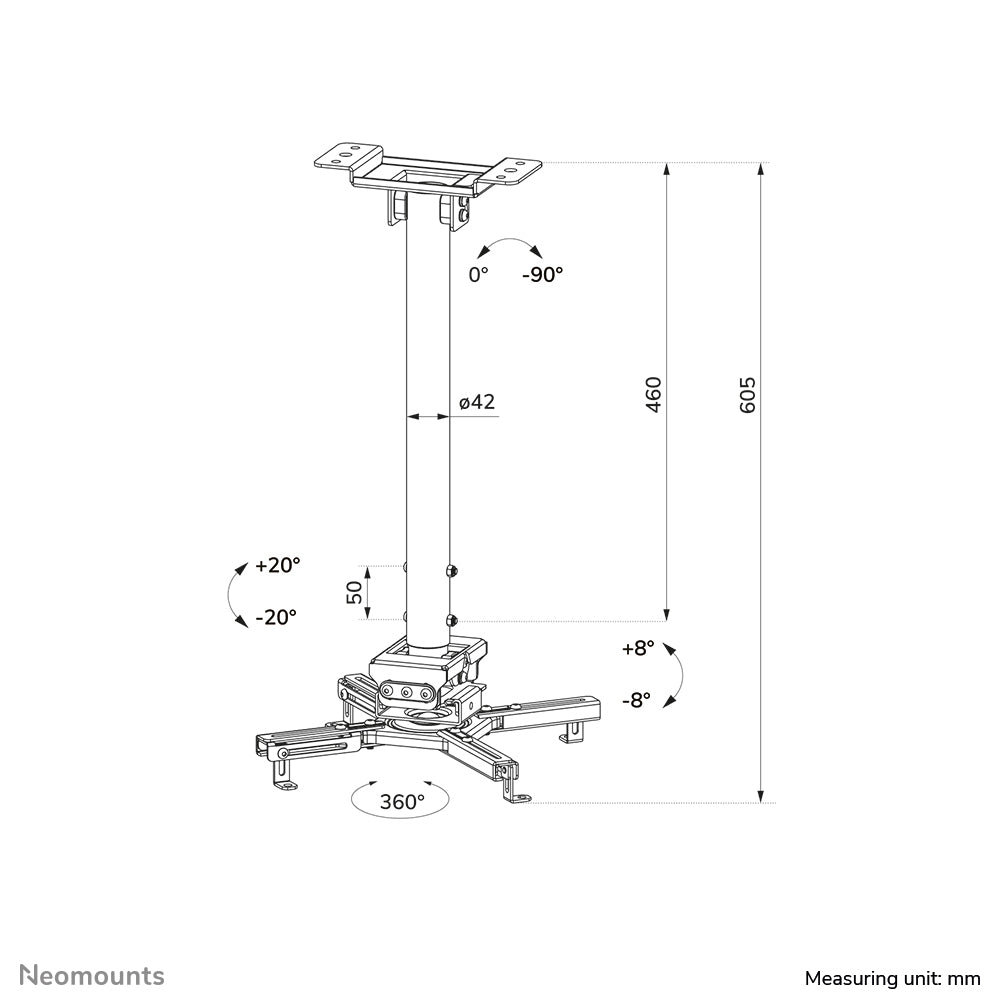 Neomounts CL25-540WH1 – Beamer-Deckenhalterung, H 60,5–90,5 cm, 35 kg, schwenk-/neigbar, weiss