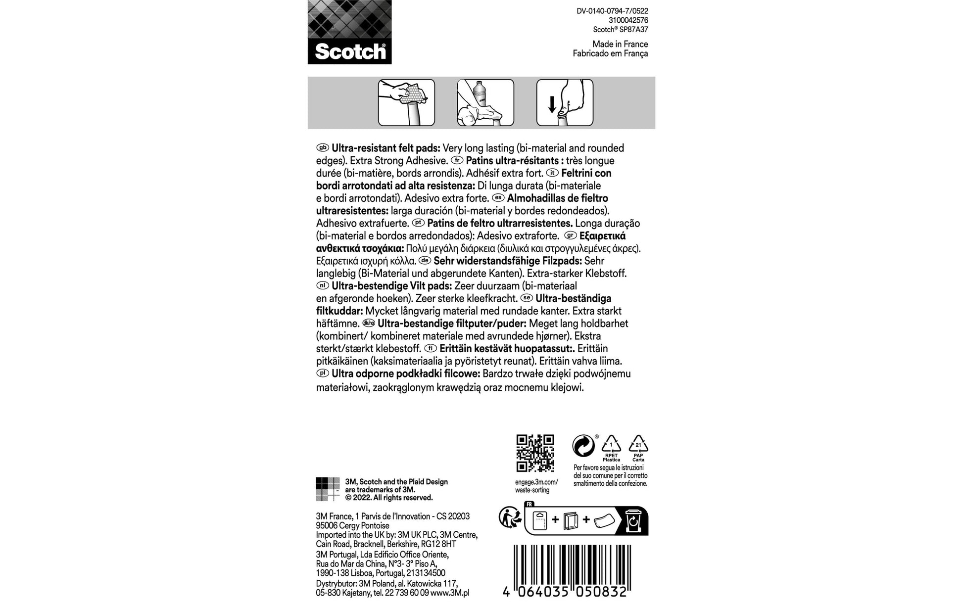 3M Filzgleiter rechteckig 24 × 22 mm, grau, selbstklebend, extra stark, 12 Stk.