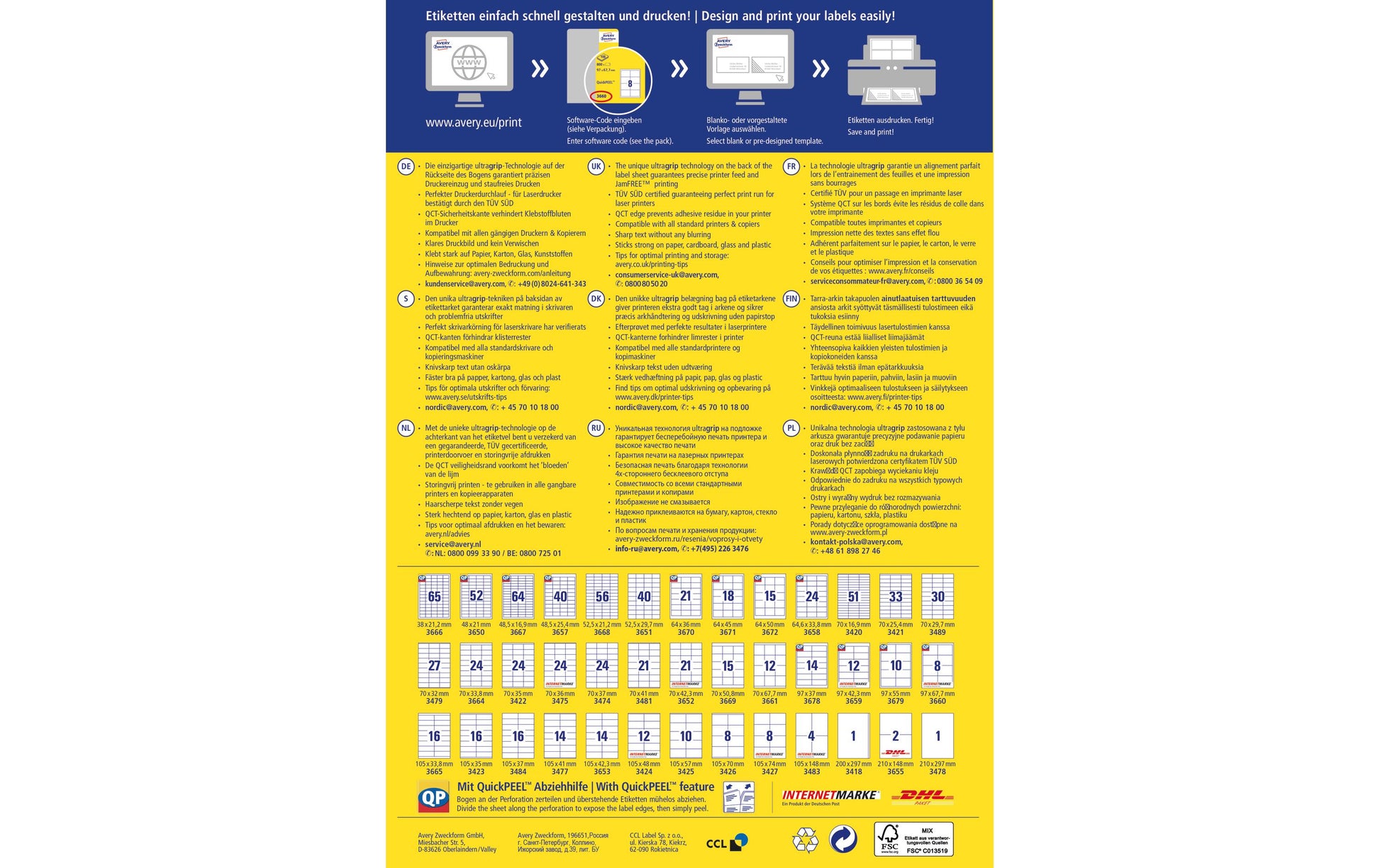 Avery Etiketten auf Bogen, 200 mm × 297 mm, Weiss, Papier, Permanent, 100 Blatt