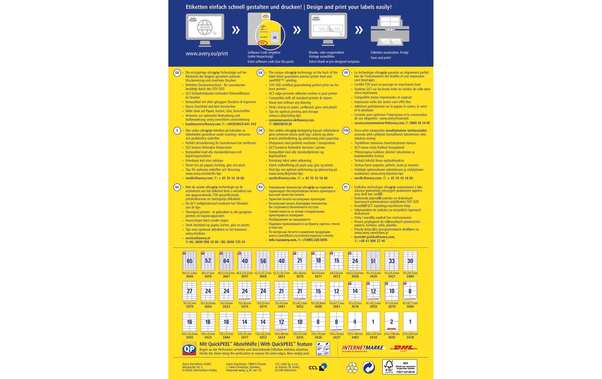 Avery Etiketten QuickPEEL, 38 mm × 21 mm, weiss, Papier, permanent, 100 Blatt (6500 Etiketten)