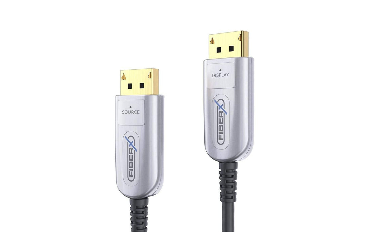 FiberX DisplayPort Kabel DP 2.0 8K 144 Hz – 20 m – AOC, verriegelbar – Schwarz/Silber