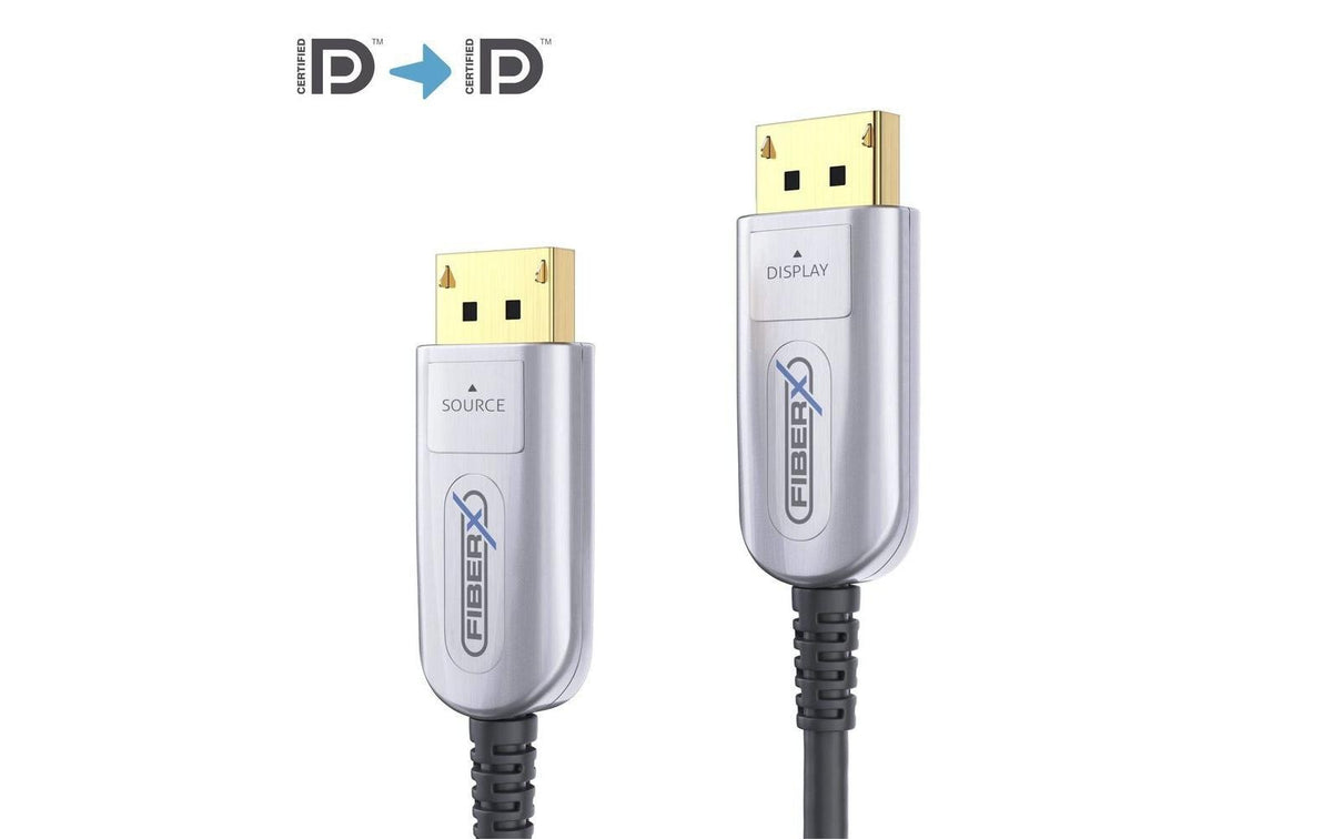 FiberX DisplayPort Kabel DP 2.0 8K 144 Hz – 20 m – AOC, verriegelbar – Schwarz/Silber