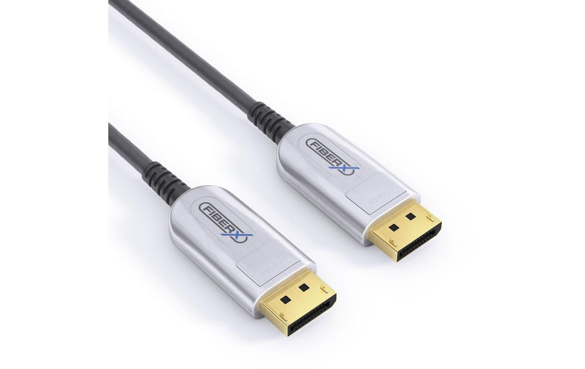 FiberX DisplayPort Kabel DP 2.0 8K 60 Hz – 100 m – AOC, verriegelbar – Schwarz/Silber