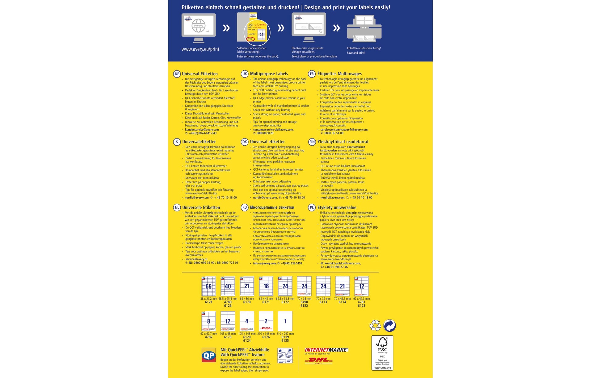 AVERY Zweckform 6175 – Etiketten A4 105 × 48 mm – Papier, weiss – permanent haftend – 12 pro Blatt, 25 Blätter