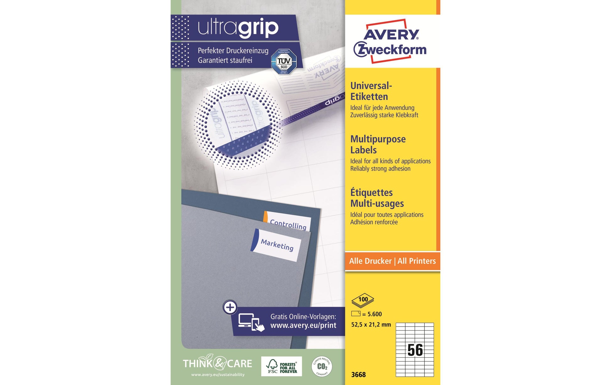 Avery Druckeretiketten, 52,5 mm × 21,2 mm, weiss, Papier, permanent, 100 Blatt