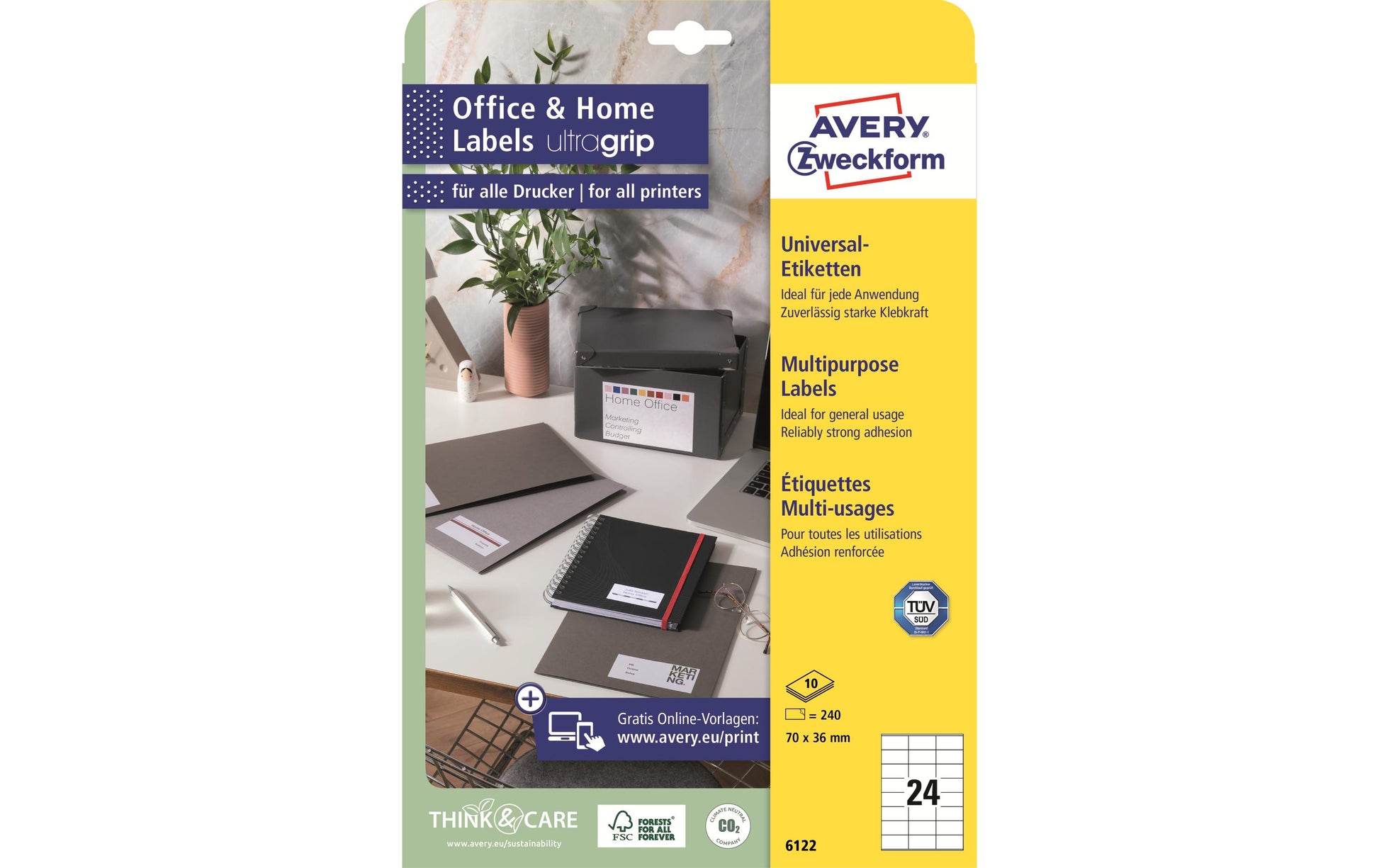 Avery Druckeretiketten, 70 mm × 36 mm, weiss, Papier, permanent, 10 Blätter (240 Etiketten)