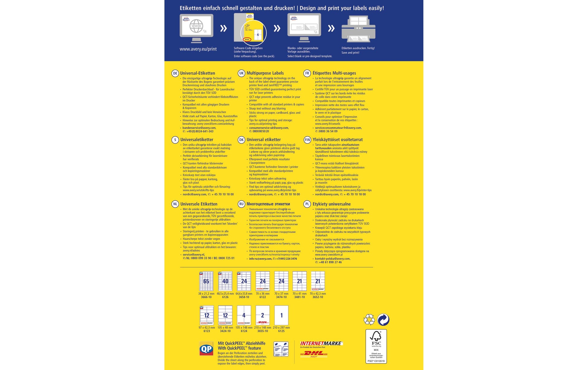 Avery Druckeretiketten, 105 mm × 48 mm, weiss, Papier, permanent, 120 Etiketten (10 Blatt)