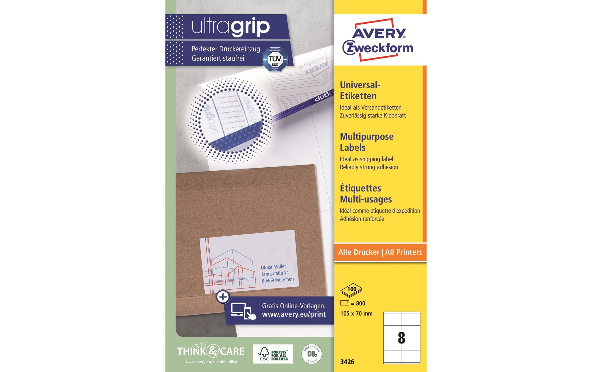 Avery Etiketten, 105 mm × 70 mm, weiss, Papier, permanent, 100 Blatt (800 Etiketten)