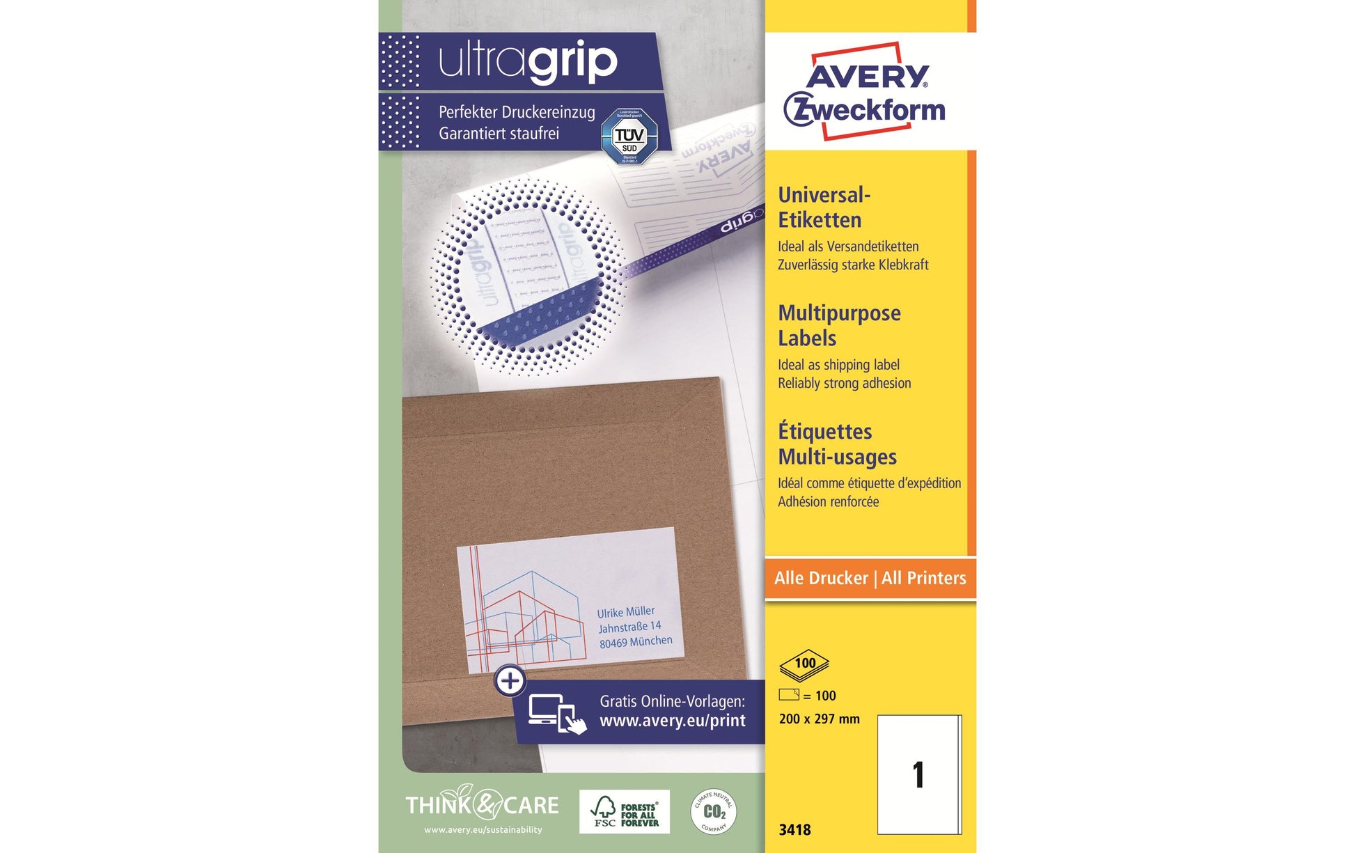 Avery Etiketten auf Bogen, 200 mm × 297 mm, Weiss, Papier, Permanent, 100 Blatt