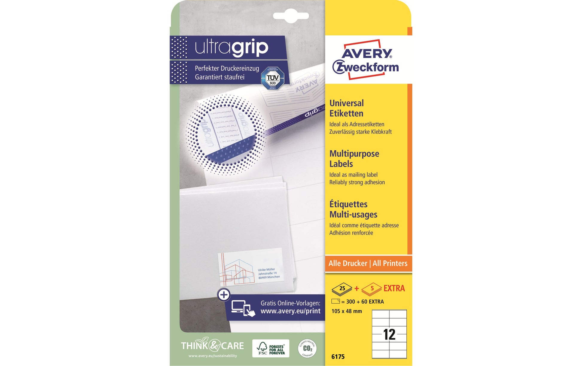 AVERY Zweckform 6175 – Etiketten A4 105 × 48 mm – Papier, weiss – permanent haftend – 12 pro Blatt, 25 Blätter