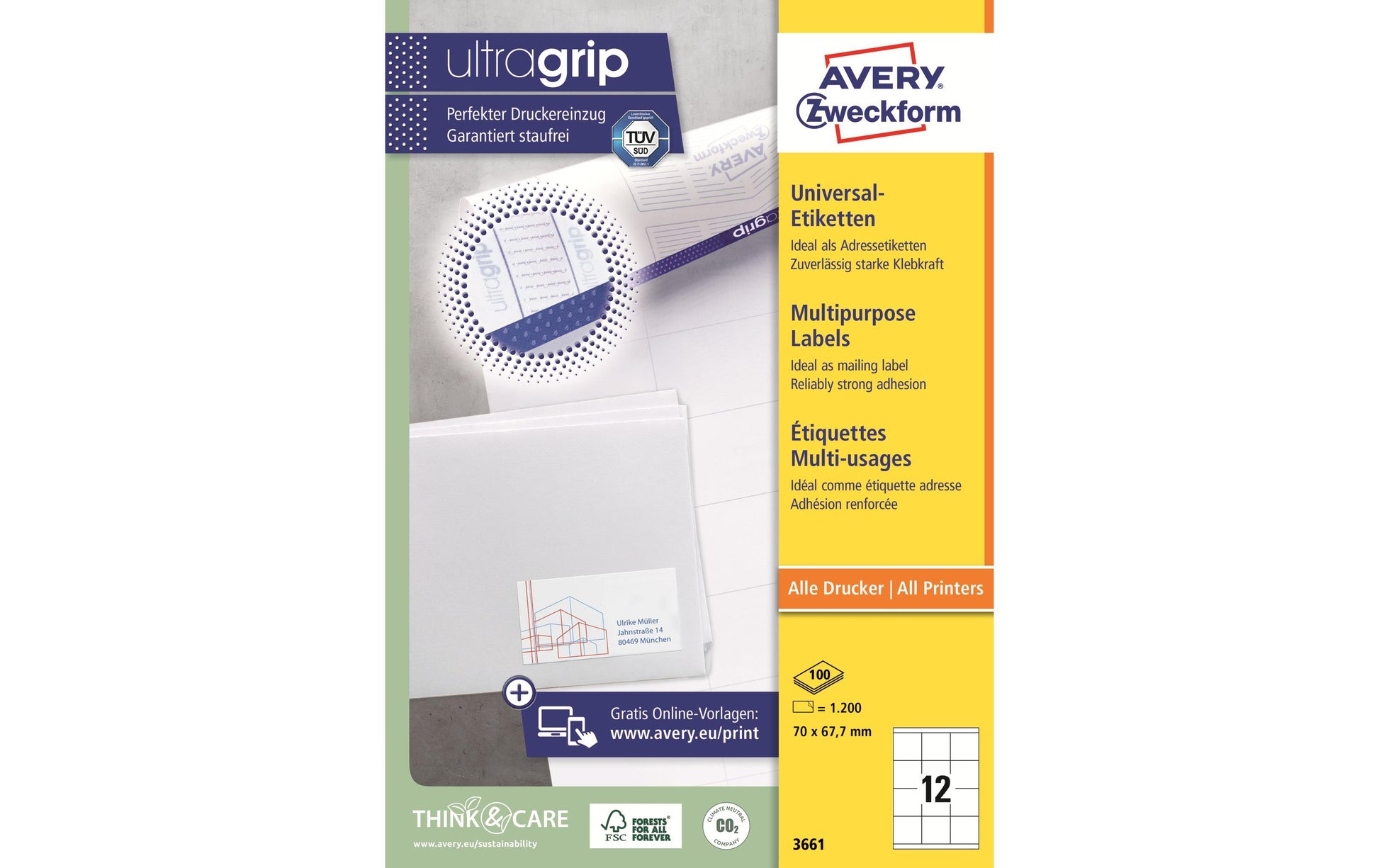 Avery Zweckform – Druckeretiketten, 70 mm × 68 mm, weiss, Papier, permanent, 1200 Stk. (100 Blatt)