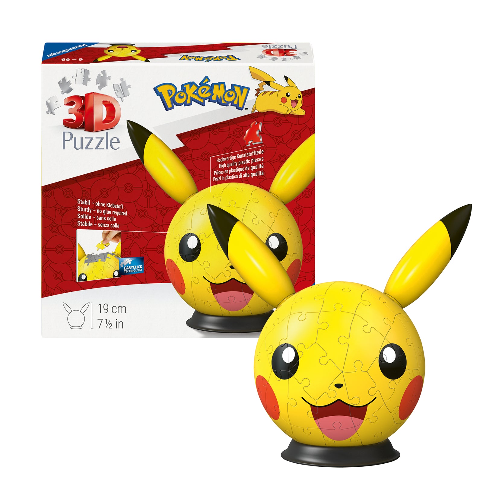 Ravensburger 3D Puzzle Pokémon Pikachu mit Ohren – 72 Teile – Ø 20 cm – Kunststoff – ab 6 J. – FSC