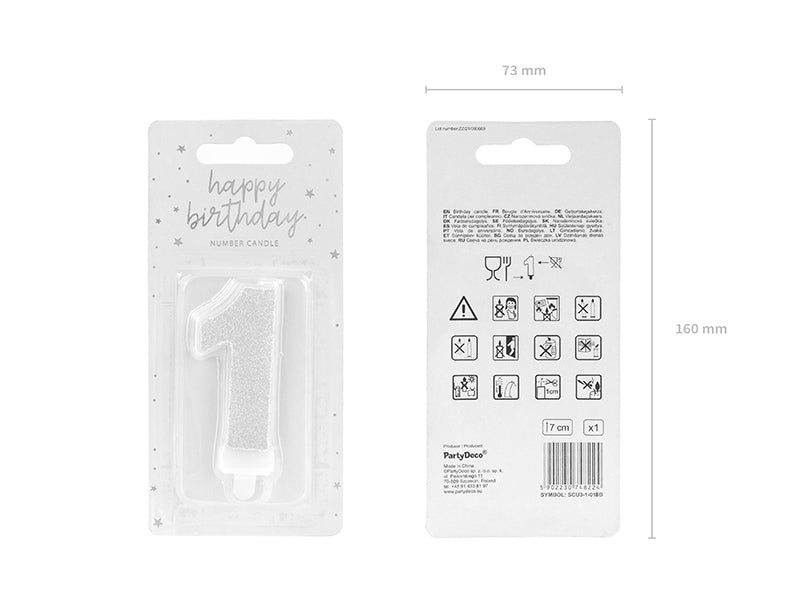 PartyDeco Geburtstagskerzen Zahl 1 – Silber – 7 cm – 1 Stk
