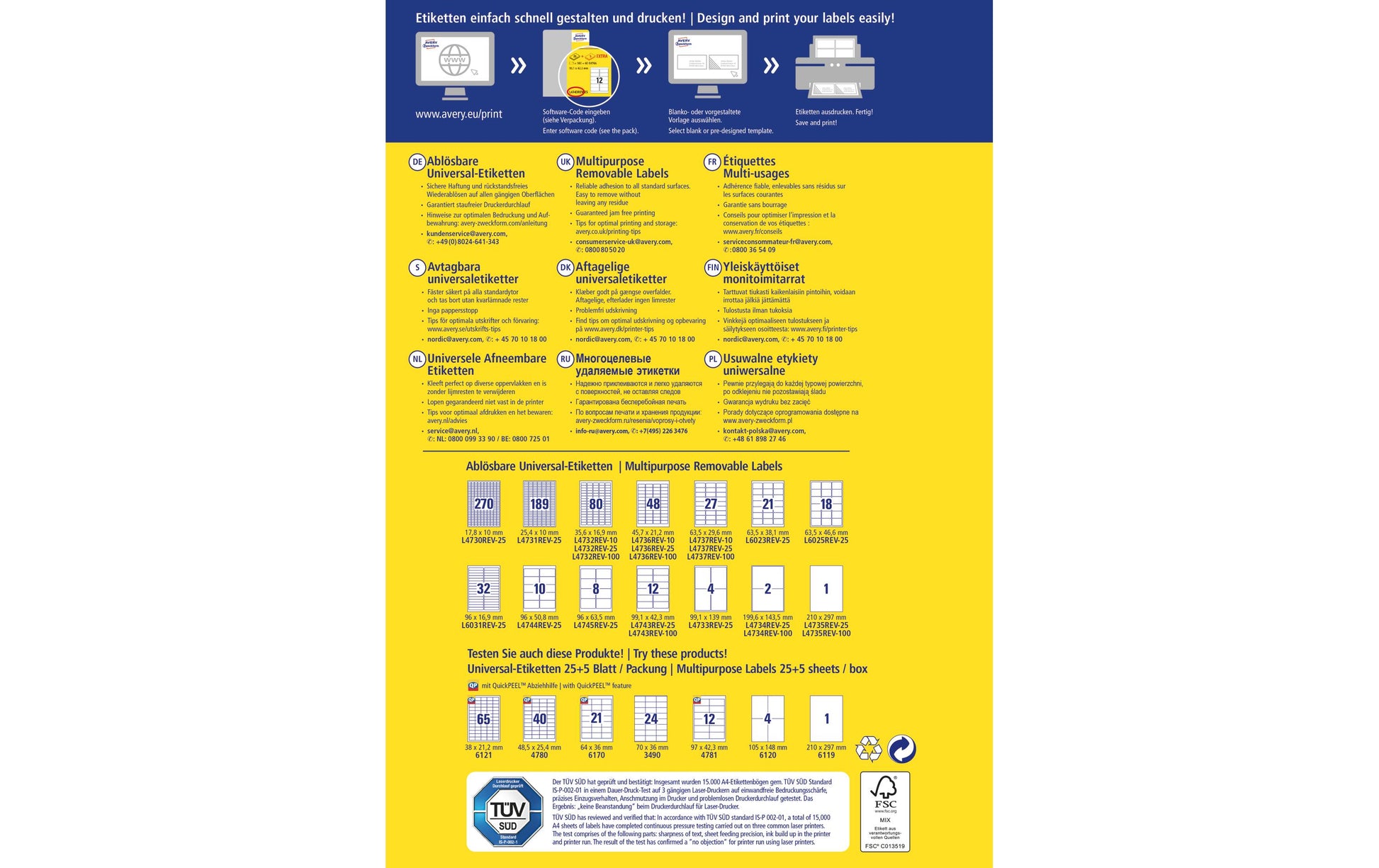 AVERY Zweckform – Etiketten A4 200 × 143 mm – weiss – wiederablösbar – Laser/Inkjet – 50 pro Blatt, 25 Blätter