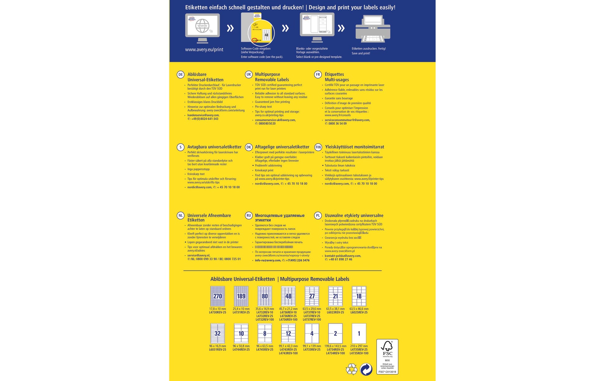 Avery L4737REV-10 – Etiketten A4 64×30 mm – weiss – wiederablösbar – Laser/Inkjet – 27 pro Blatt, 10 Blätter