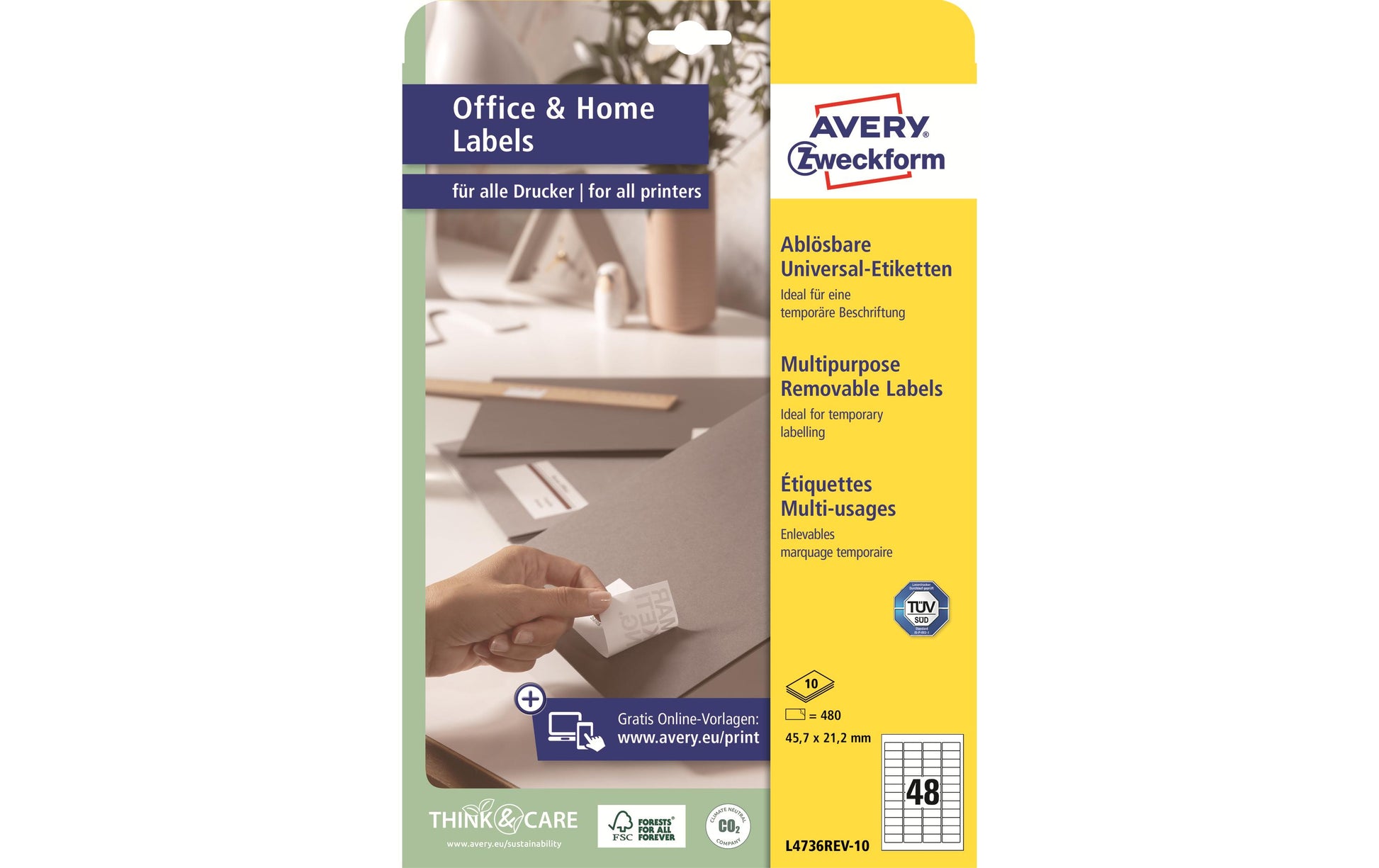 AVERY Zweckform L4736REV-10 – Etiketten A4 46 × 21 mm – wiederablösbar – Laser/Inkjet – 48 pro Blatt, 10 Blätter