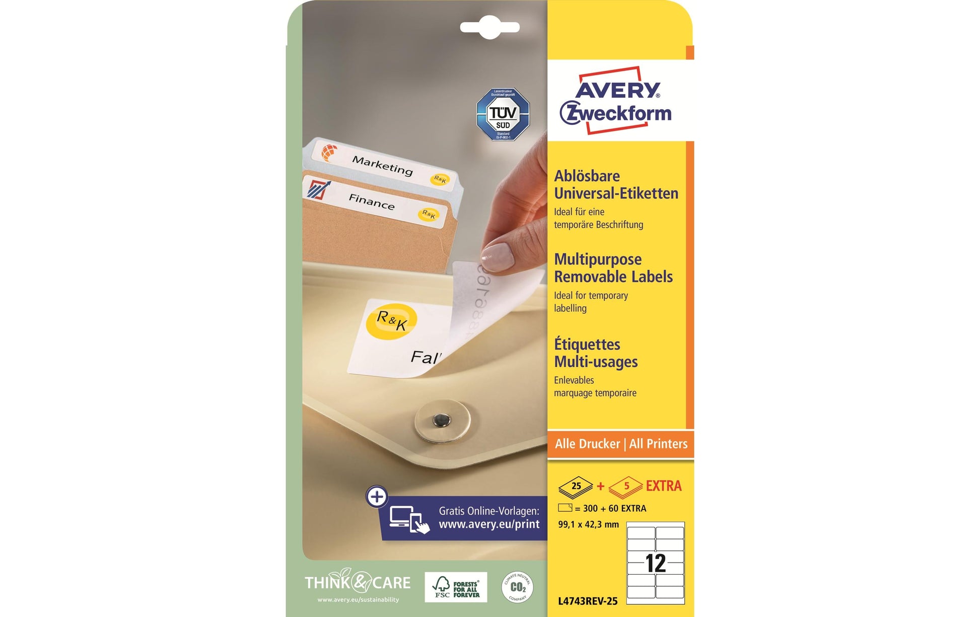 Avery Bogenetiketten, 99,1 mm × 42,3 mm, weiss, Papier, wiederablösbar, 30 Blätter (360 Etiketten)