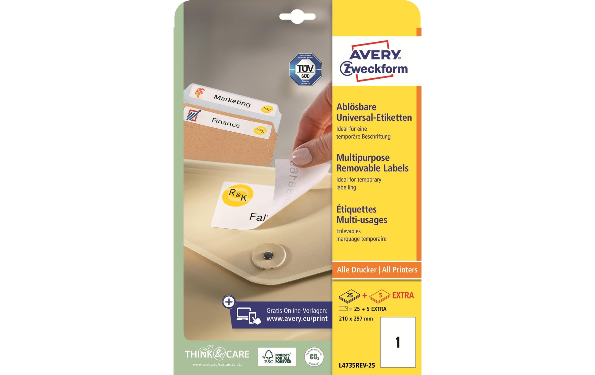 Avery Drucketiketten, 210 mm × 297 mm, weiss, Papier, wiederablösbar, Packung 30 Blatt
