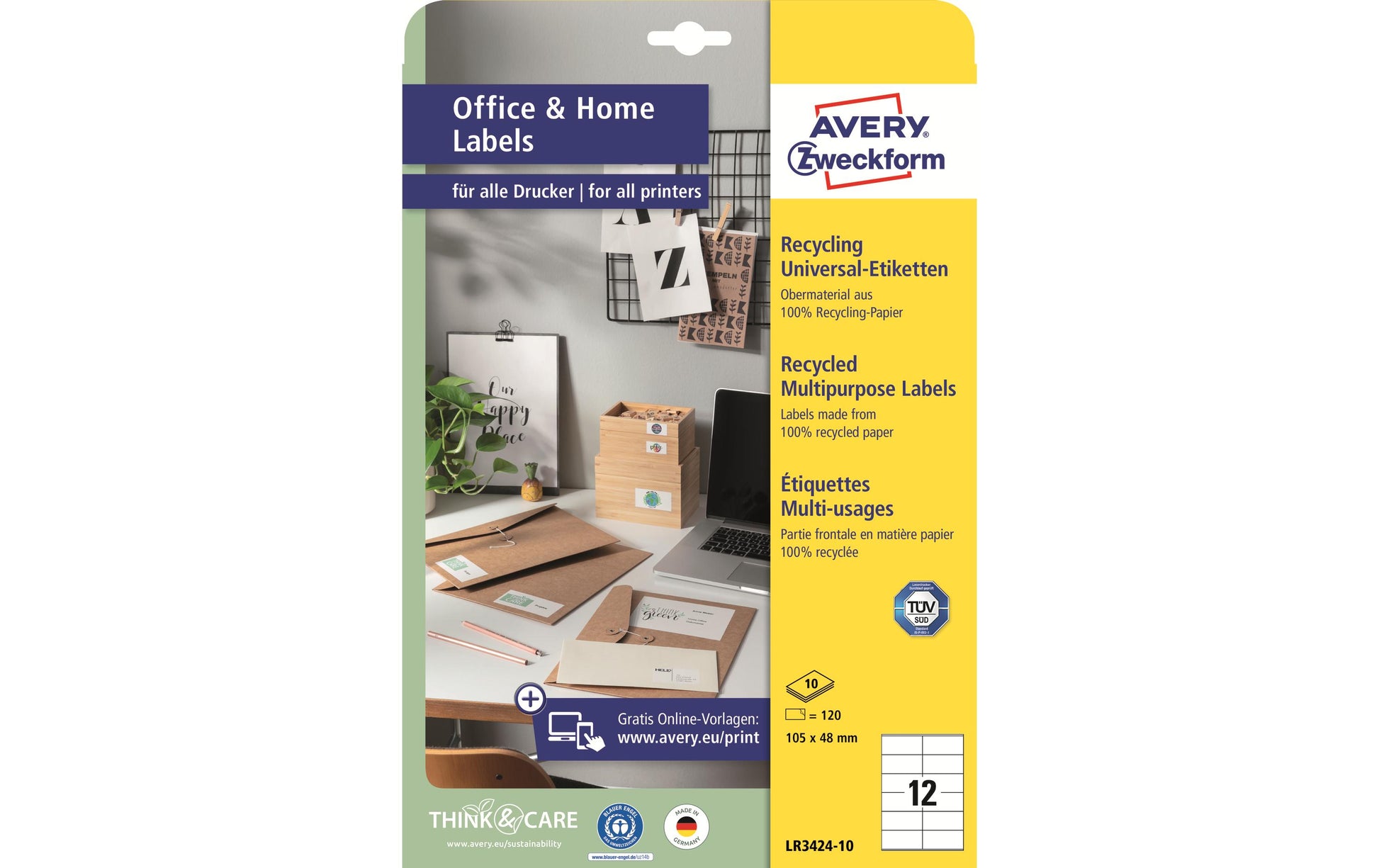 Avery Druckeretiketten, 105 mm × 48 mm, naturweiss, Altpapier, permanent, 120 Etiketten (10 Blatt)