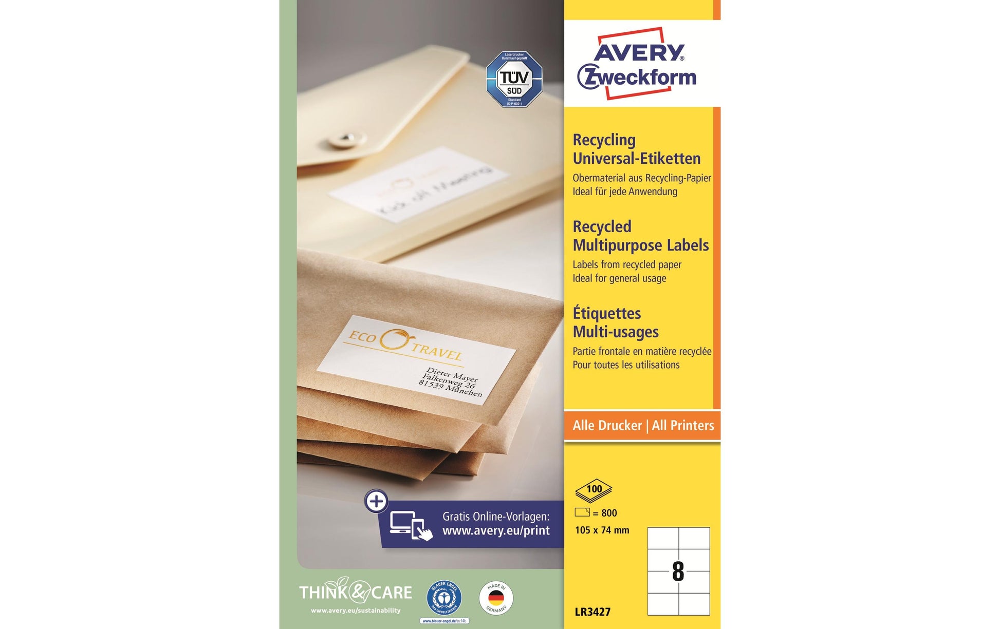 Avery Zweckform – Etiketten A4 105 × 74 mm – Papier, weiss – permanent haftend – 100 Blätter (800 Stk.)