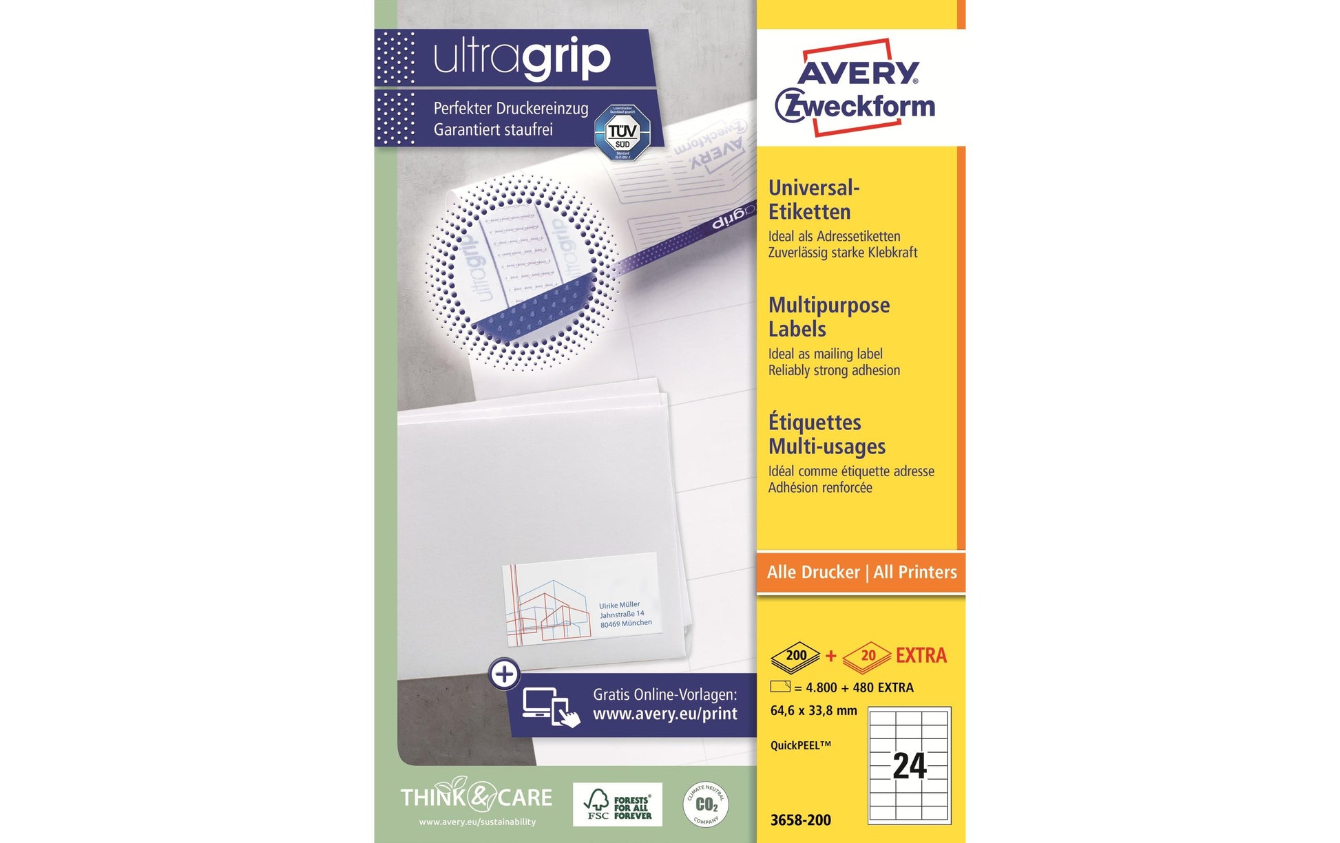 Avery Etiketten, 65 mm × 34 mm, weiss, Papier, permanent, 220 Blatt, 5280 Etiketten