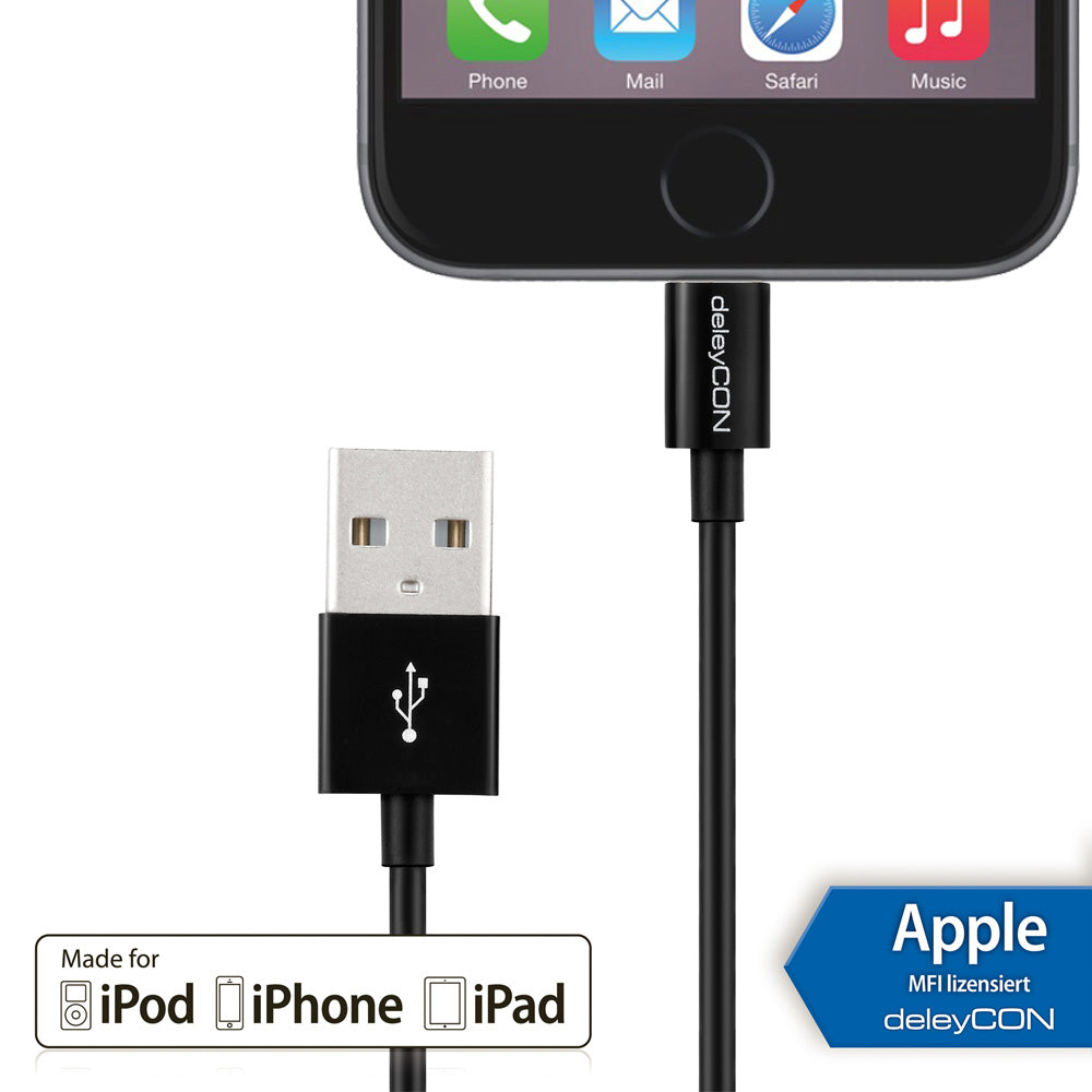 DeleyCON Kabel – USB-A auf Lightning 1 m, MFi zertifiziert, Schwarz – für iPhone/iPad