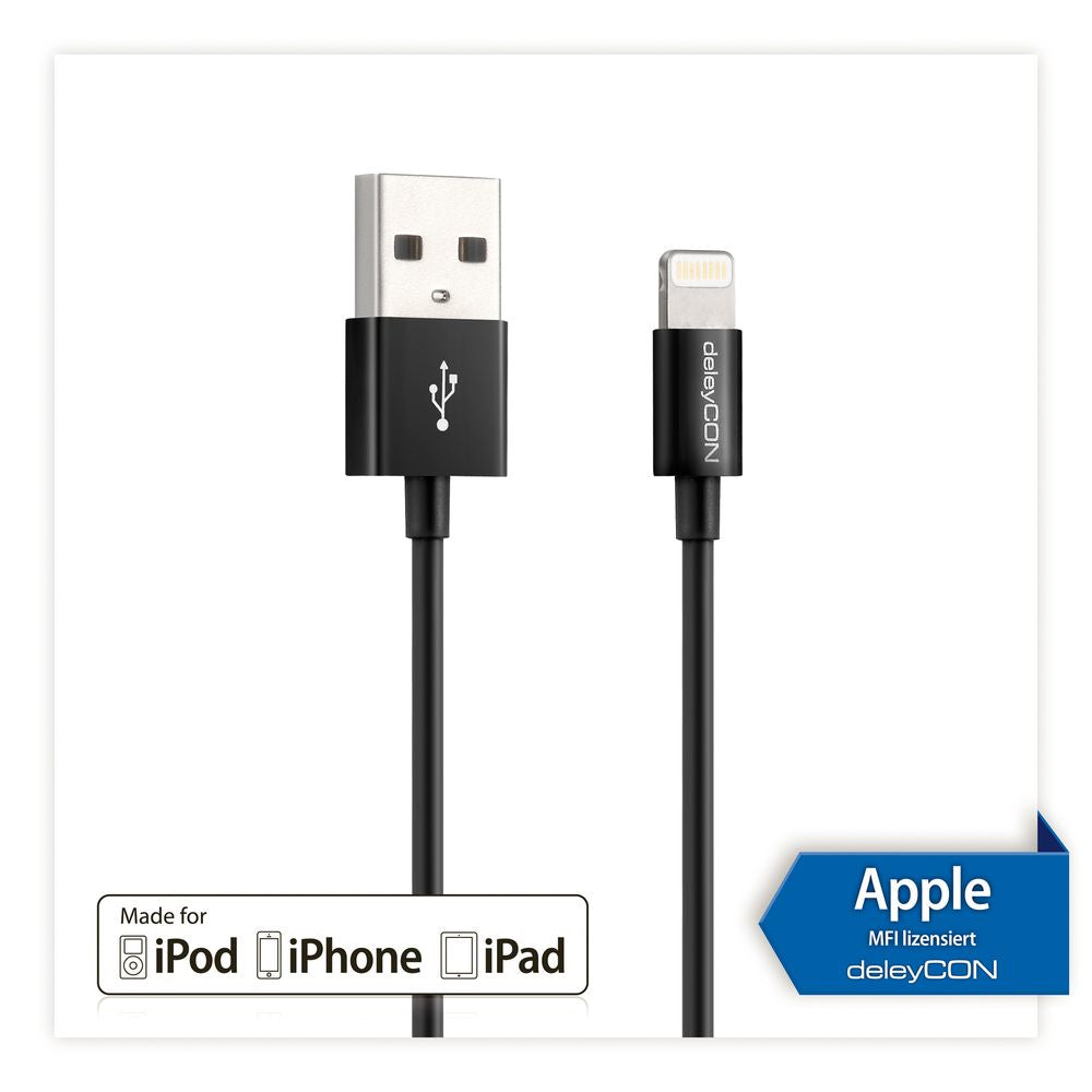 DeleyCON Kabel – USB-A auf Lightning 1 m, MFi zertifiziert, Schwarz – für iPhone/iPad