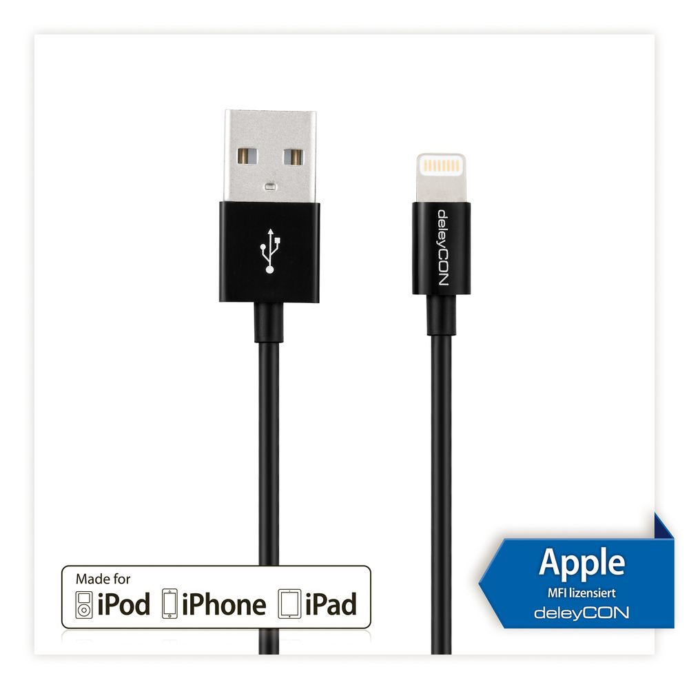 DeleyCON Kabel – USB-A auf Lightning 1 m, MFi zertifiziert, Schwarz – für iPhone/iPad