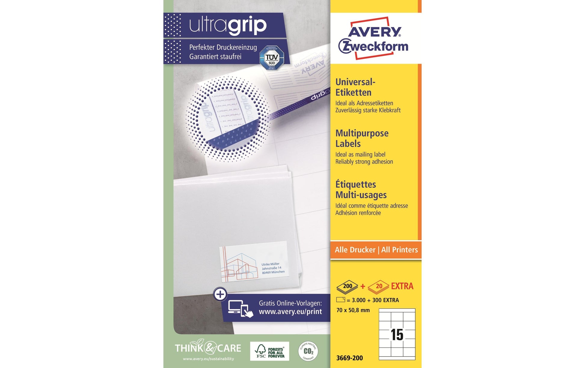 AVERY Zweckform Universal Schuletiketten – 70 × 50,8 mm, 3000 Stk, 200 Bogen, Papier, permanent haftend