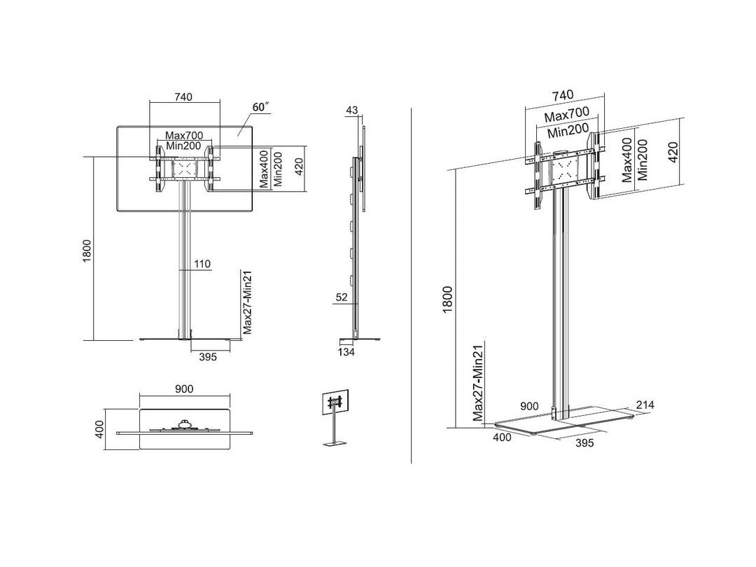 Multibrackets 2425 – Displayständer, fix, höhenverstellbar, bis 63", VESA 700×400, bis 50 kg, schwarz