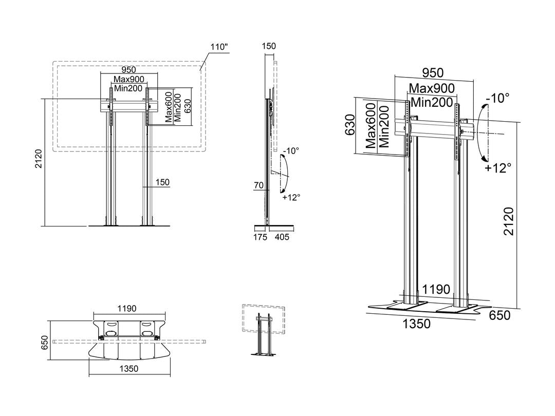 Multibrackets Dual Displayständer 210 – Displayständer für 2 Displays, höhenverstellbar, bis 110", VESA 800×60