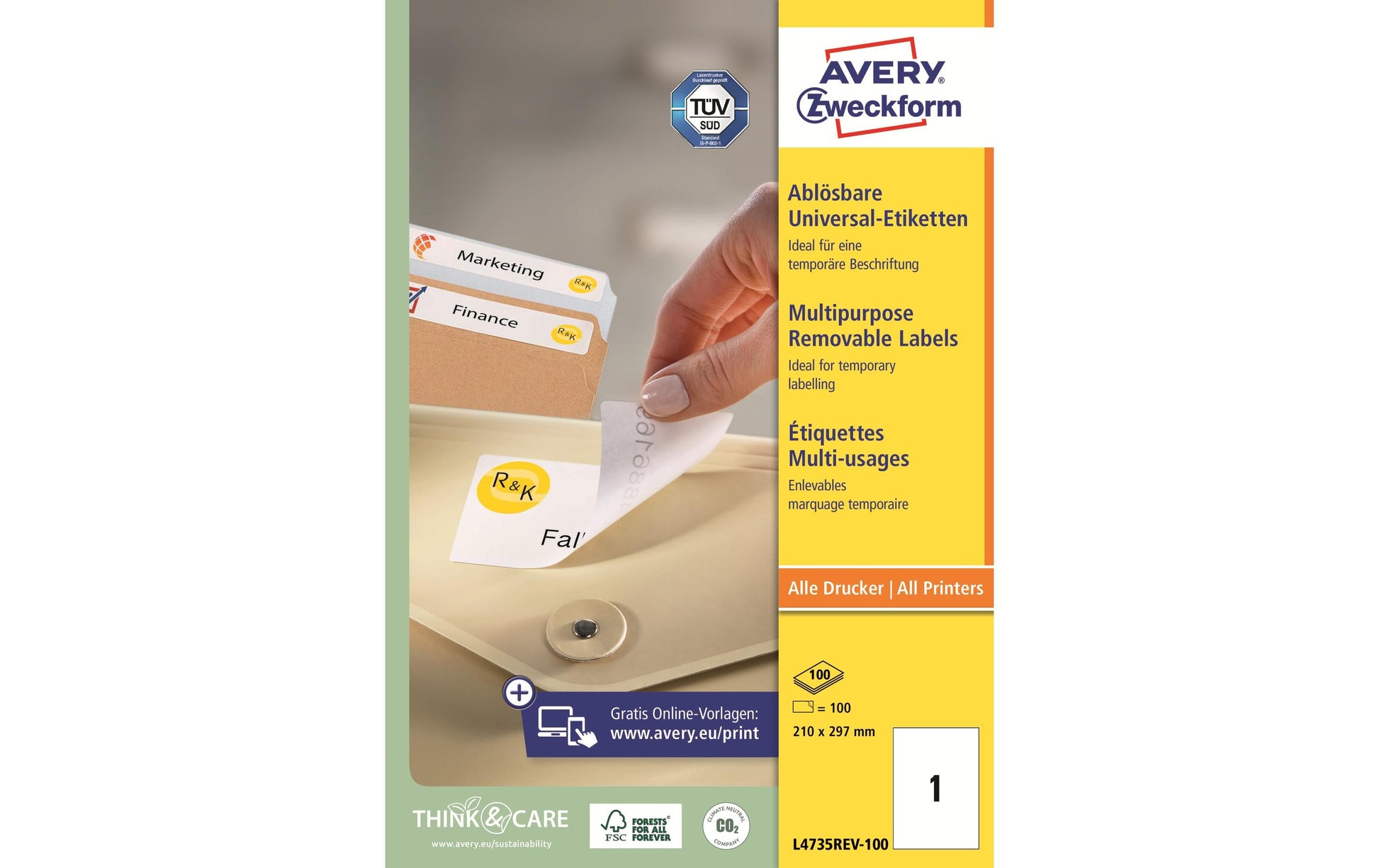 Avery Druckeretiketten, 210 mm × 297 mm, weiss, Papier, wiederablösbar, 100 Blatt
