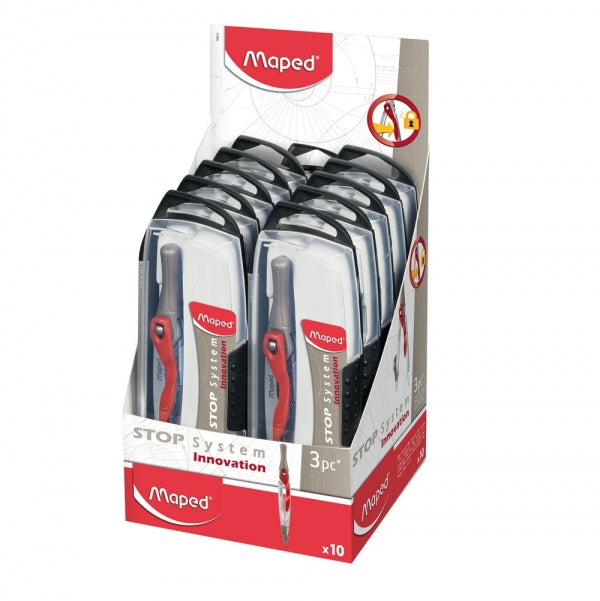 Maped Stop System Zirkel-Set – 3-teilig, max. Kreisdurchmesser 24 cm, inkl. Universaladapter, Minendose