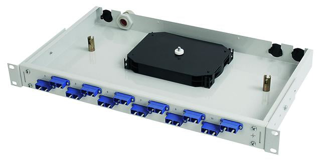 Telegärtner 19" LWL-Patchpanel – 12× LC-Duplex, Spleisskassette (max. 24 Fasern), 1 HE, lichtgrau (RAL 7035)