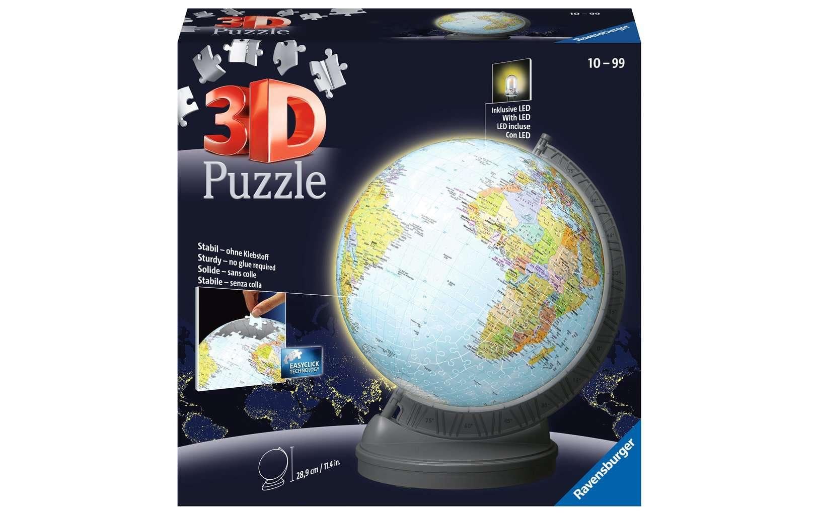 Ravensburger 3D Puzzle – Globus mit LED-Licht, 548 Teile, ab 10 Jahren, Mehrsprachig (d/f/i/e)